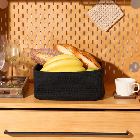 MiniArk Small Storage Baskets for Organizing | Closet Organizer Bins | Shelf Toy Basket | Woven Rope Baskets | Cube Decorative Box | Shallow Basket | 11.5x7.5x4.7” | 3 Packs Black