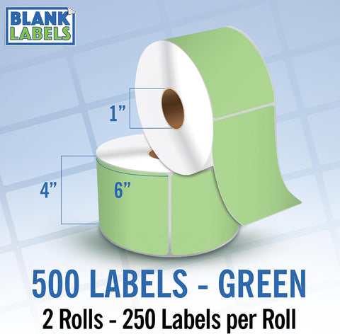 4" X 6" Direct Thermal Shipping Labels | Green | 1" Cores w/Perfs Easy Tear | Made in USA | Printing Label | 500 Labels | 250 Labels per Roll | 2 Rolls | Blank Labels