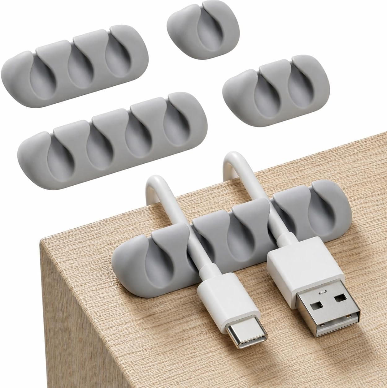 Cord Organizer for Desk, Nightstand Cable Holder, 5 Pack, Multislot, Grey