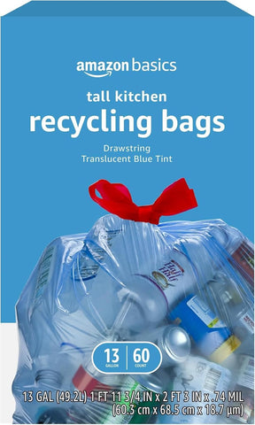 Amazon Basics Blue Recycling Drawstring Trash Bags, Tall Kitchen, Unscented, 13 Gallon, 60 Count (Pack of 6)