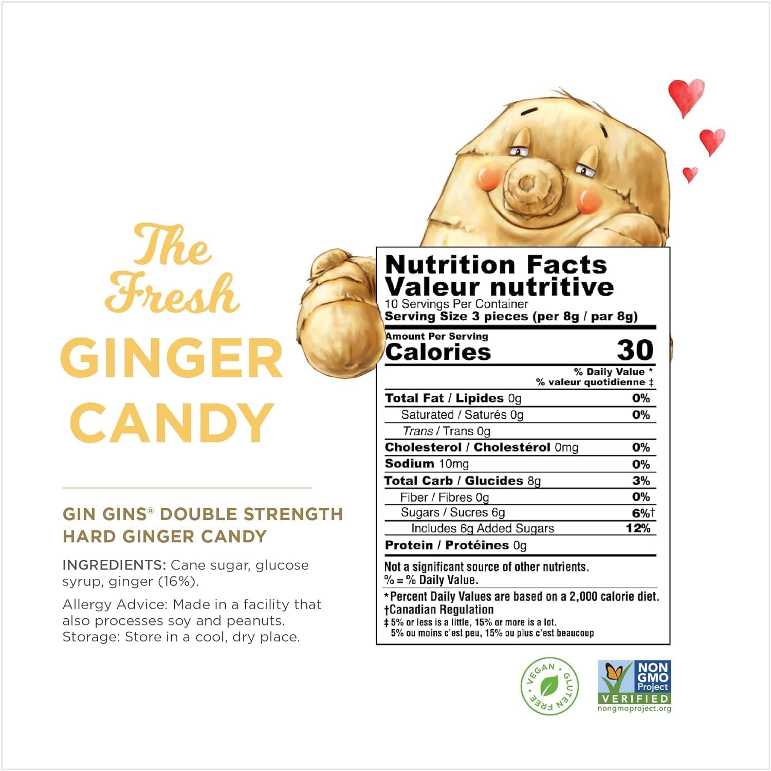 GIN GINS Double Strength Hard Ginger Candy Made w/Fresh Ginger 3oz 12Pk