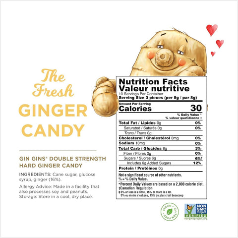 GIN GINS Double Strength Hard Ginger Candy Made w/Fresh Ginger 3oz 12Pk