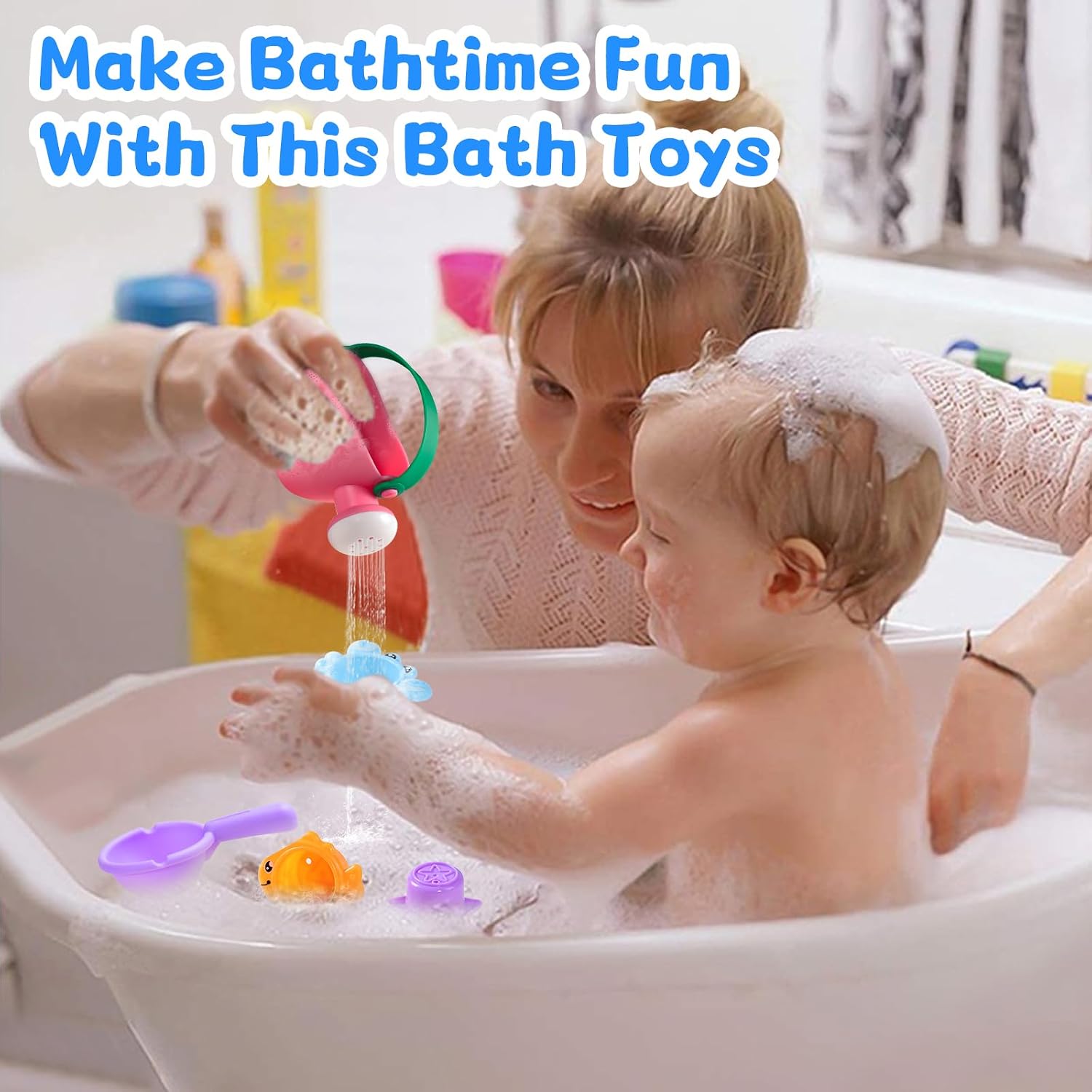 Fajiabao Toddler Bath Toys for Kids Ages 1-3 Stack, Scoop & Pour Set 5PCS