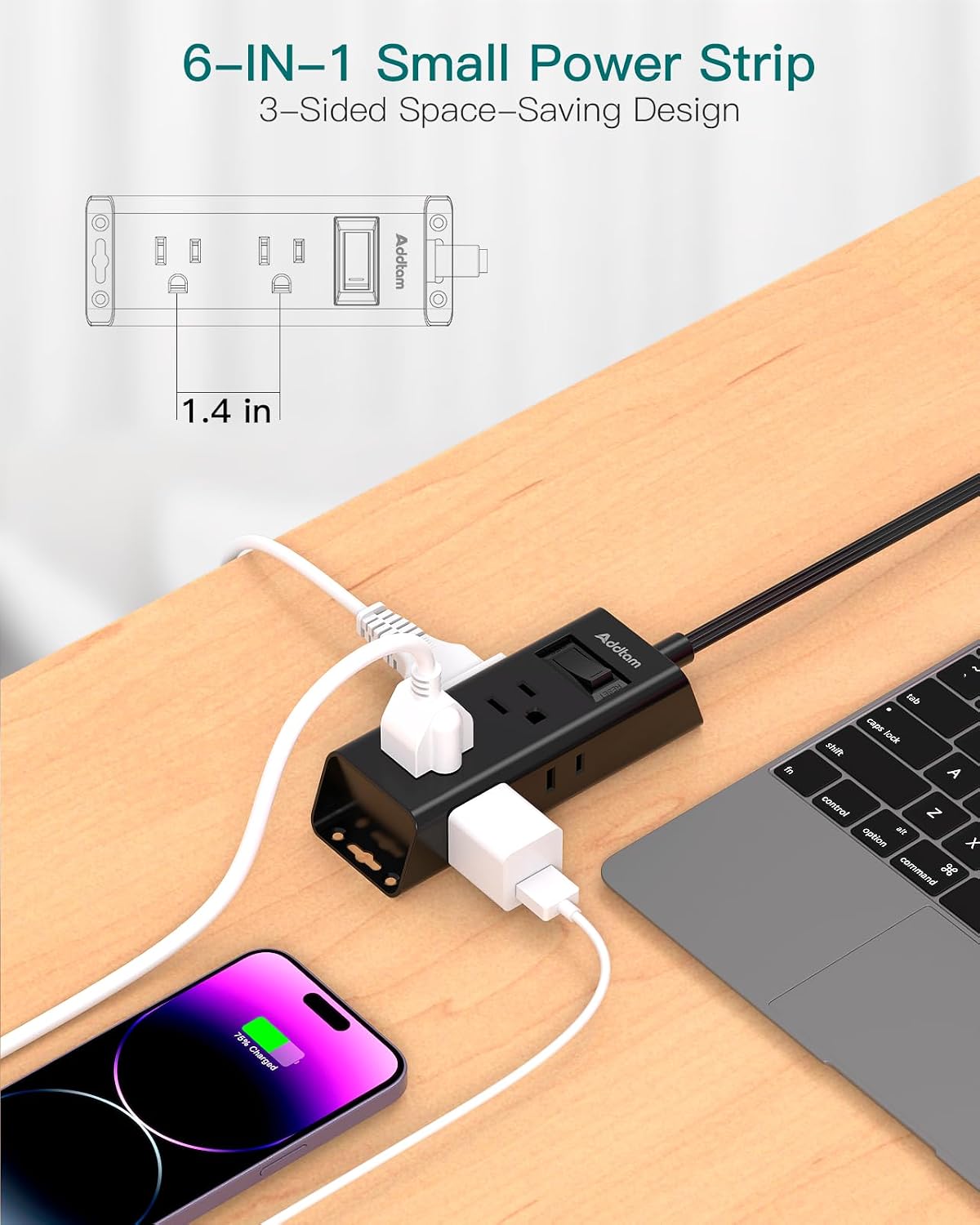 Cruise Essentials - Flat Plug Power Strip, Addtam 5 ft Ultra Flat Extension Cord with 6 Outlets Extender, No Surge Protector for Cruise Ship, Travel, Dorm, Home Office,Black
