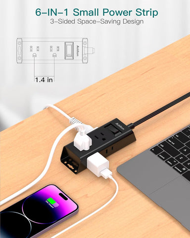 Cruise Essentials - Flat Plug Power Strip, Addtam 5 ft Ultra Flat Extension Cord with 6 Outlets Extender, No Surge Protector for Cruise Ship, Travel, Dorm, Home Office,Black