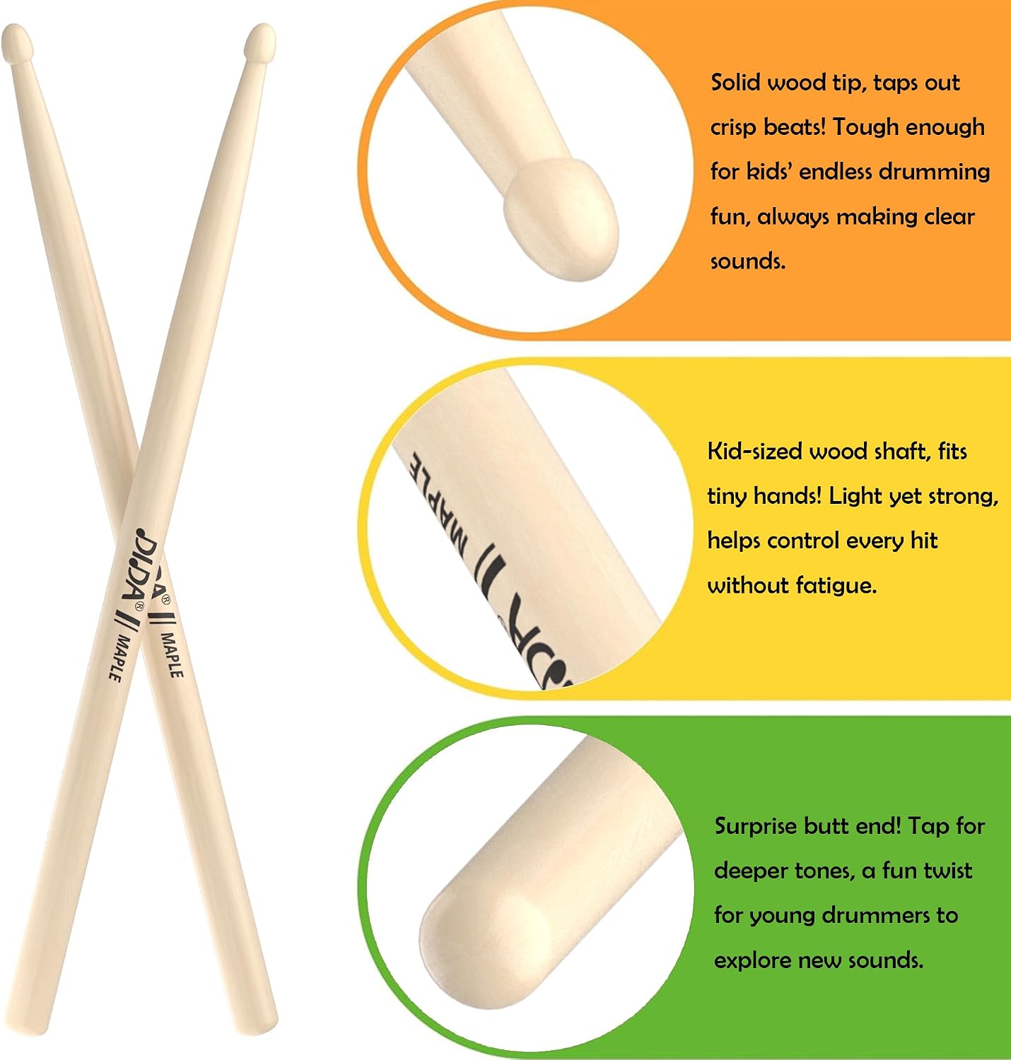 Drumsticks for Kids, 12 inch Maple Wood Drum sticks, Musical Instrument Percussion Accessories, Drumsticks for Student, Beginners (Maple, 4 Pairs)