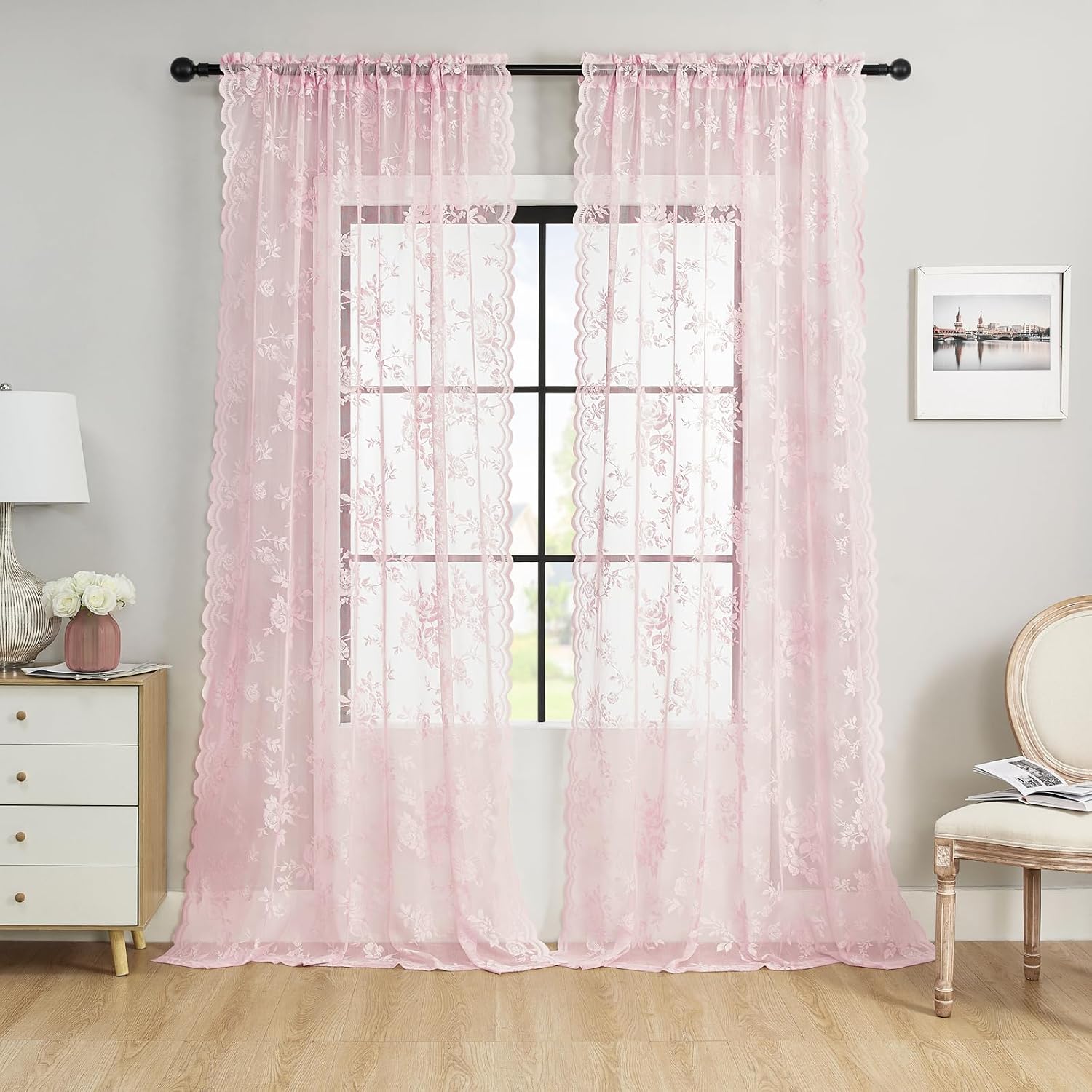 72 Inch Pastel Pink Lace Curtains 2 Panels Rod Pocket Big Flower Embroidery Semi Sheer Privacy Scalloped Hem Drapes for Dining Room Transitional Romantic Style Girls Women Blush Nude Rose, 52x72