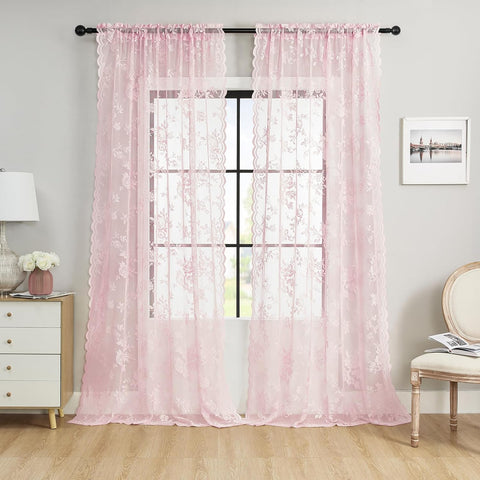 72 Inch Pastel Pink Lace Curtains 2 Panels Rod Pocket Big Flower Embroidery Semi Sheer Privacy Scalloped Hem Drapes for Dining Room Transitional Romantic Style Girls Women Blush Nude Rose, 52x72