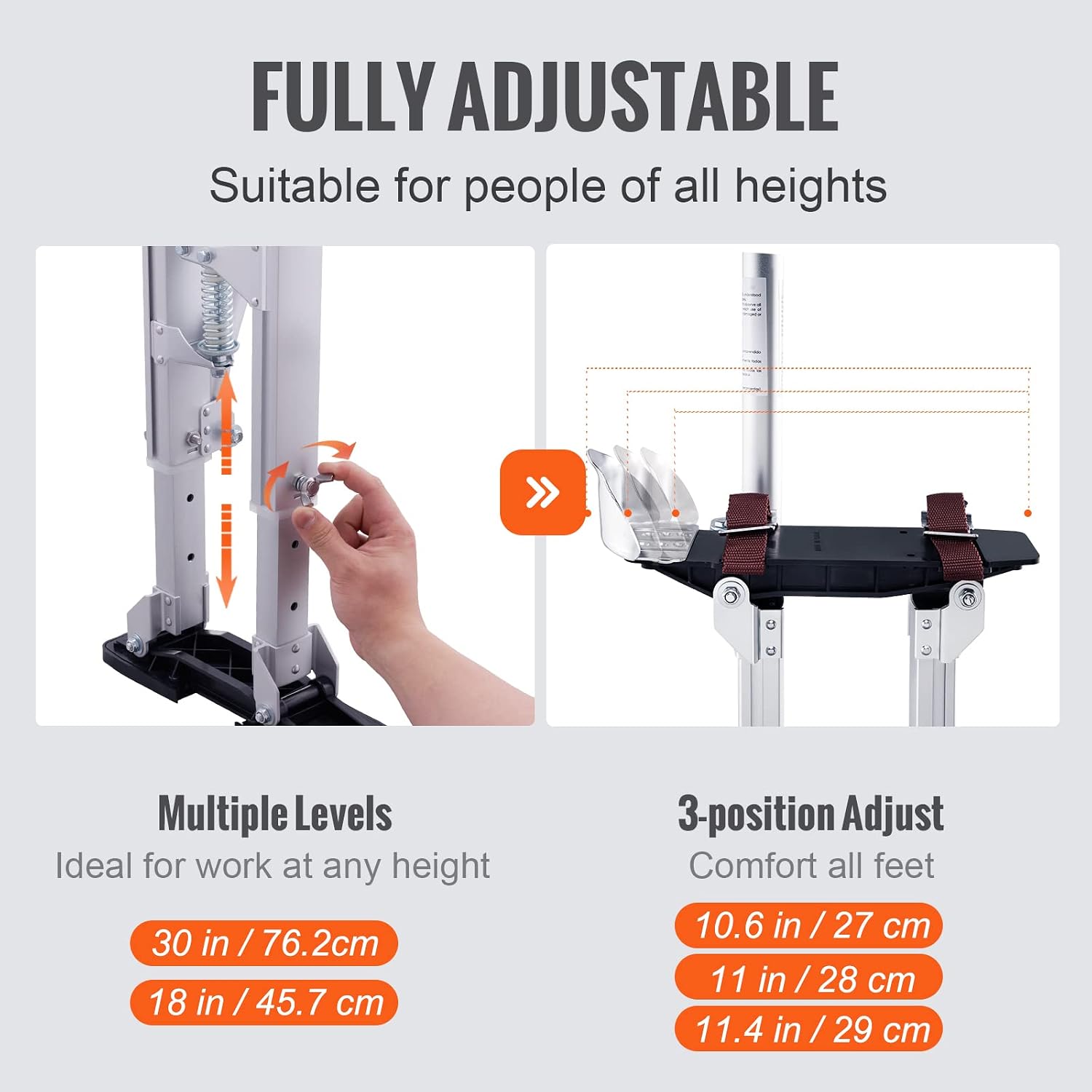 VEVOR 18''-30'' Adjustable Aluminum Drywall Tool Stilts, Durable Non-Slip Work Stilts with Protective Knee Pads, for Sheetrock Painting, Taping, Walking, Silver