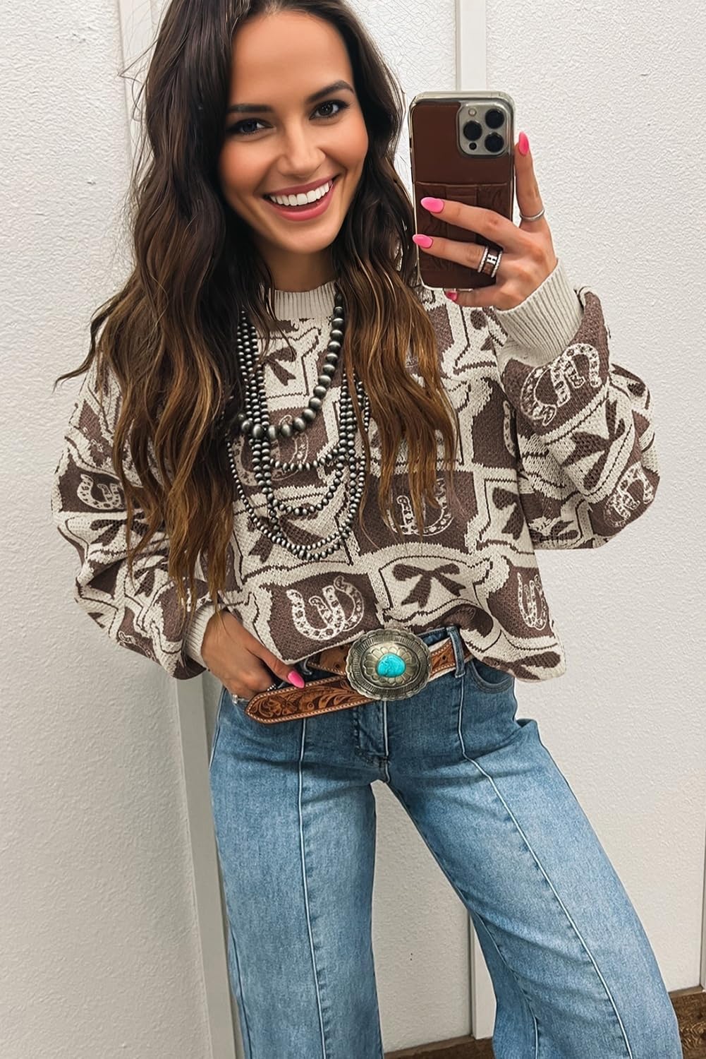 Womens Western Pullover Sweaters Knit Long Sleeve Crew Neck Boho Drop Shoulder Bows & Horseshoes 2026 Fall Tops