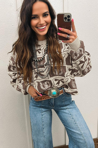 Womens Western Pullover Sweaters Knit Long Sleeve Crew Neck Boho Drop Shoulder Bows & Horseshoes 2026 Fall Tops
