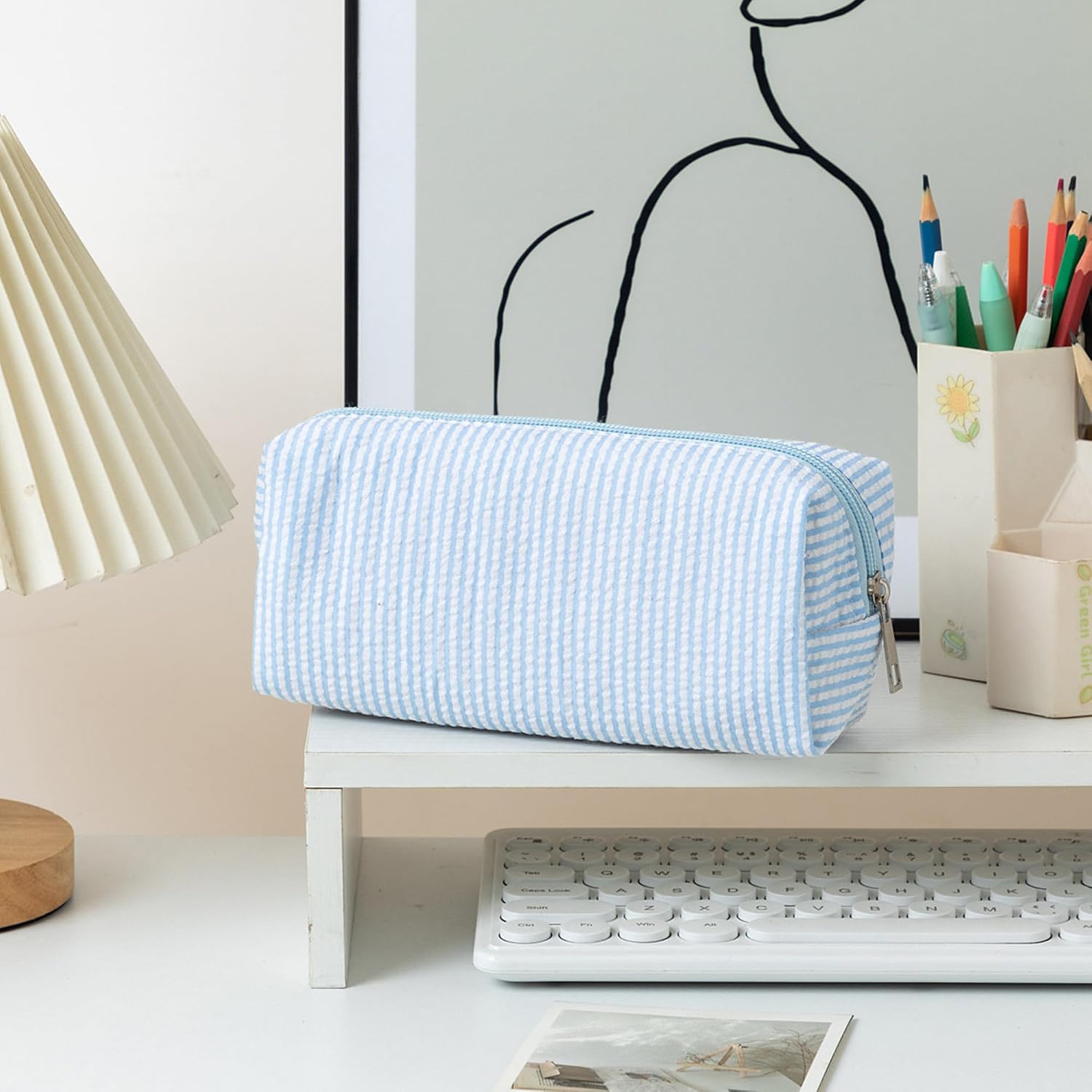 Cute Pencil Case Capacity Pencil Pouch Aesthetic Pen Bag Office Stationery Organizer Simple Sturdy Multifunctional Cosmetic Pouch (Light blue)