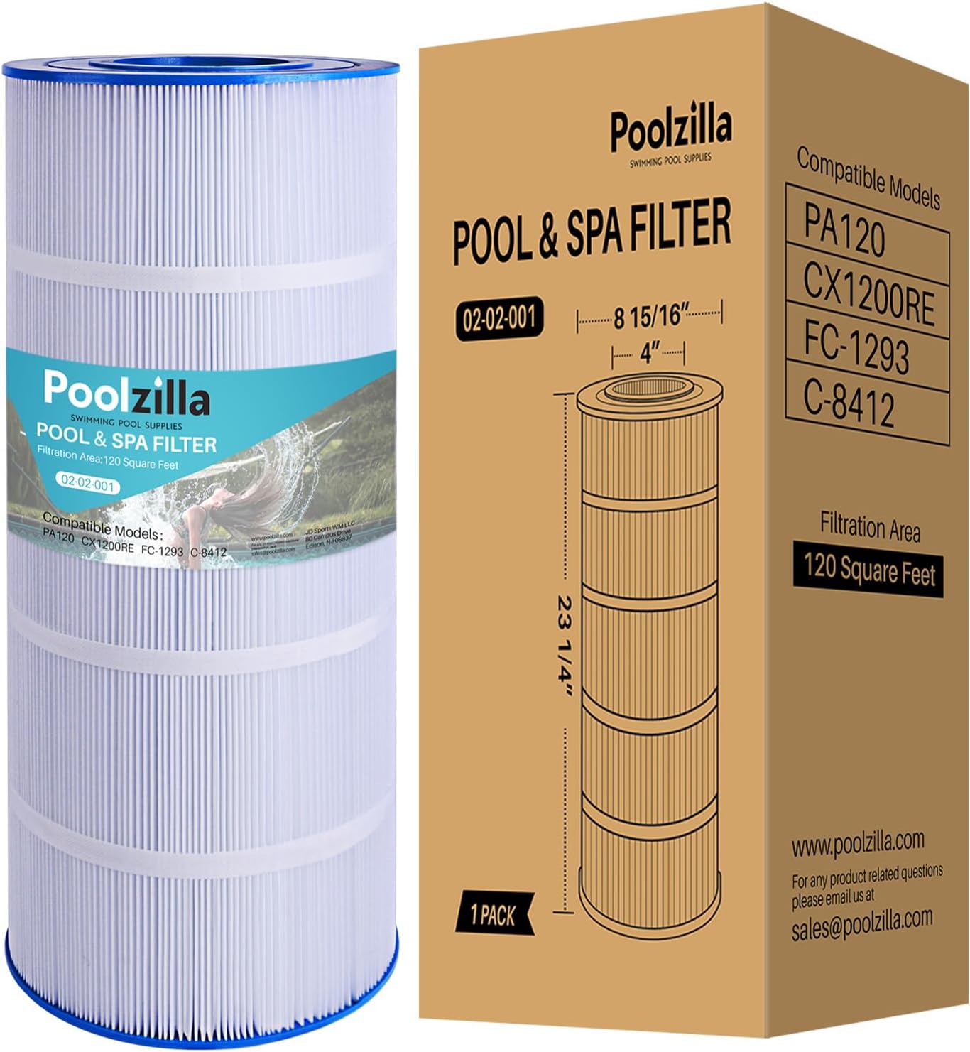 Poolzilla Replacement for Pool Filter PA120, CX1200RE, C1200, Unicel C-8412, Filbur FC-1293, Waterway Clearwater II, Pro Clean 125, 817-0125N, Aladdin 22002, 120 sq.ft Filter Cartridge 1 Pack