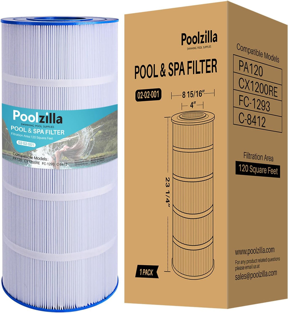 Poolzilla Replacement for Pool Filter PA120, CX1200RE, C1200, Unicel C-8412, Filbur FC-1293, Waterway Clearwater II, Pro Clean 125, 817-0125N, Aladdin 22002, 120 sq.ft Filter Cartridge 1 Pack
