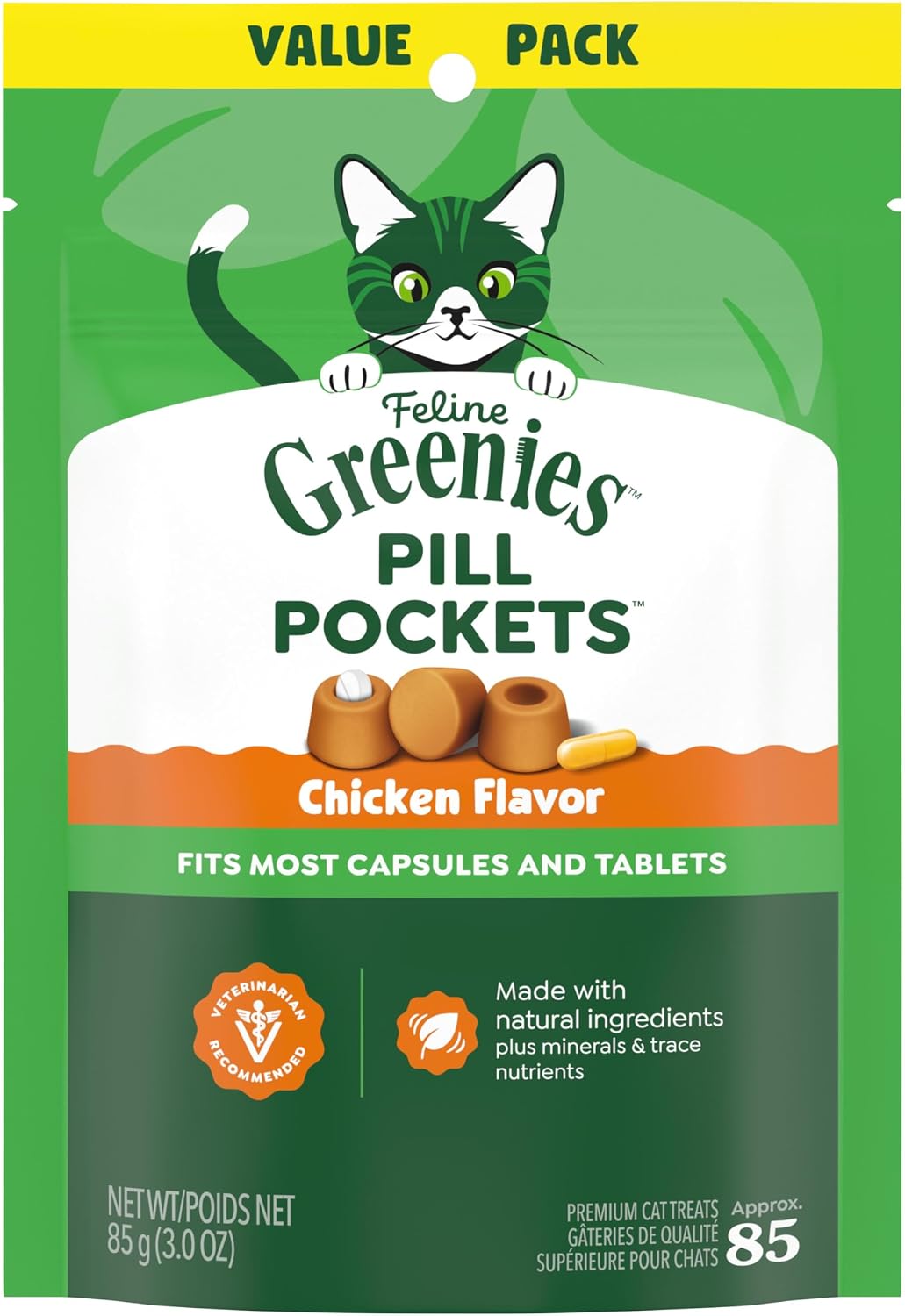Greenies Feline Pill Pockets Soft Cat Treats, Chicken Flavor, 85 Count