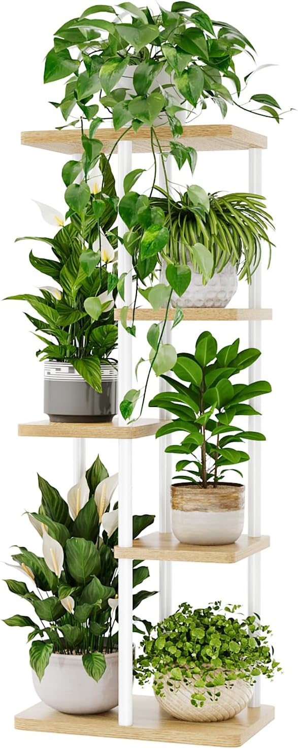 Bamworld Plant Stand 5 Tier Corner Shelf for Multiple Plants White