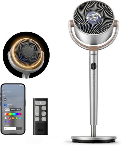 DREO Smart Fans for Bedroom, 120° +120° Omni-Directional Oscillating Fan, 100ft Quiet Pedestal Fan with RGB Light, 9 Speeds, 6 Modes, 8H Timer, Wi-Fi/Voice, 35-40" Floor Fans with Remote, Silver