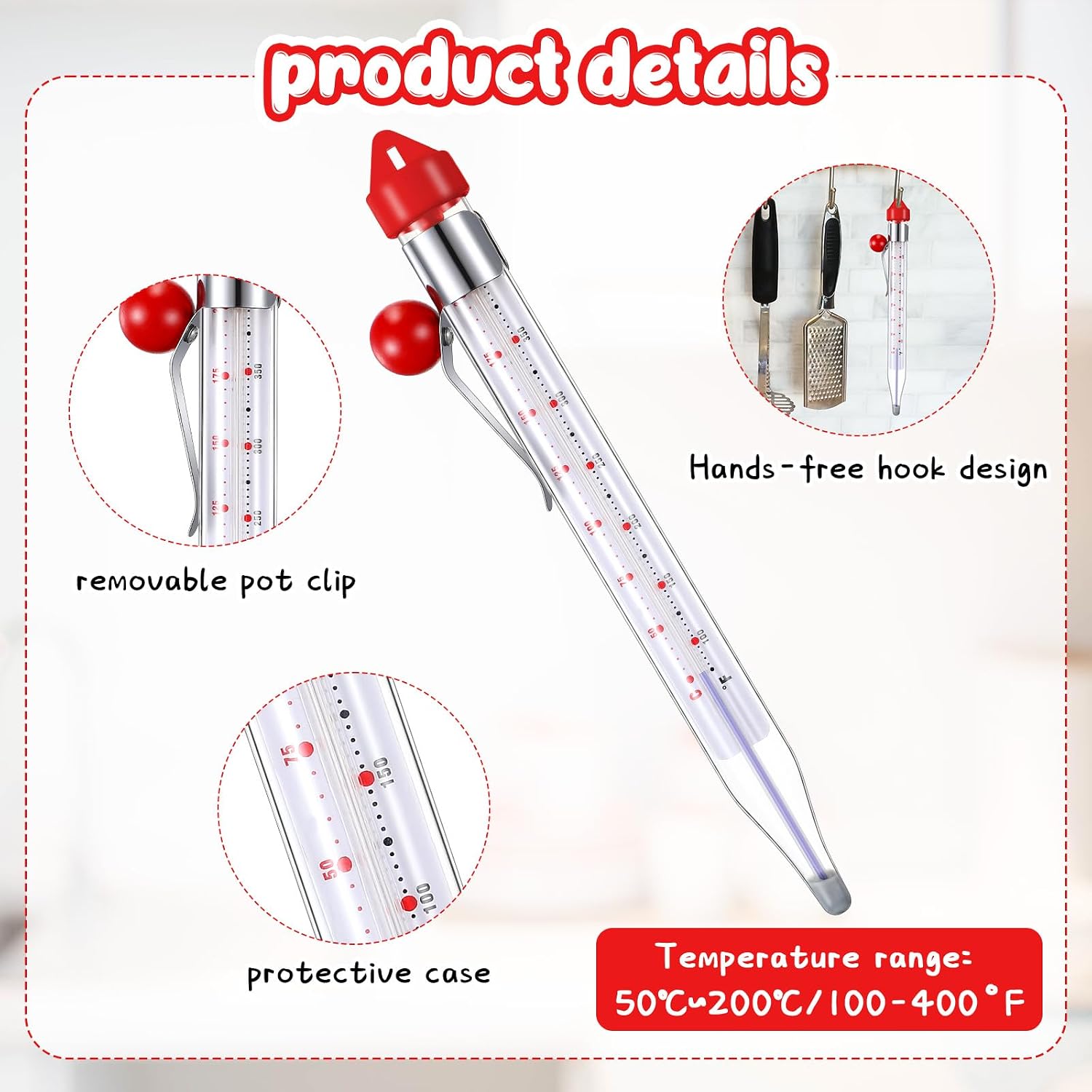 Photect 1 Pcs Candy Thermometer with Pot Clip 8", Red