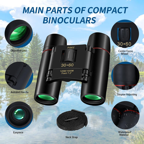 PISEZ 30X60 Compact Binoculars for Adults and Kids，Lightweight Foldable Easy Focus Small Binoculars for Bird Watching Hunting Concert Traveling Theater Opera Sightseeing