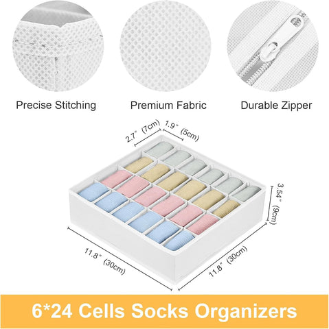 Joyoldelf Sock Organizer Drawer Organizer - Underwear Organizer, 24 Cell Collapsible Closet Organizers and Storage Sock Holders Organizers for Storing Socks, Ties, Belts 6 Pack White