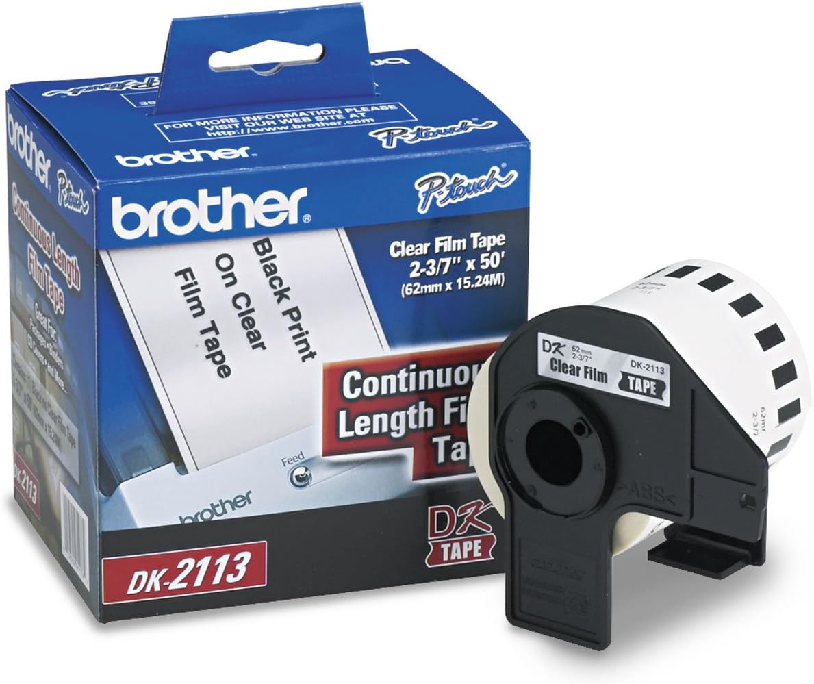 Brother Genuine DK-2113 Continuous Length Black on Clear Film Tape for Brother QL Label Printers, 2.4" x 50' (62mm x 15.2M), 1 Roll per Box, DK2113