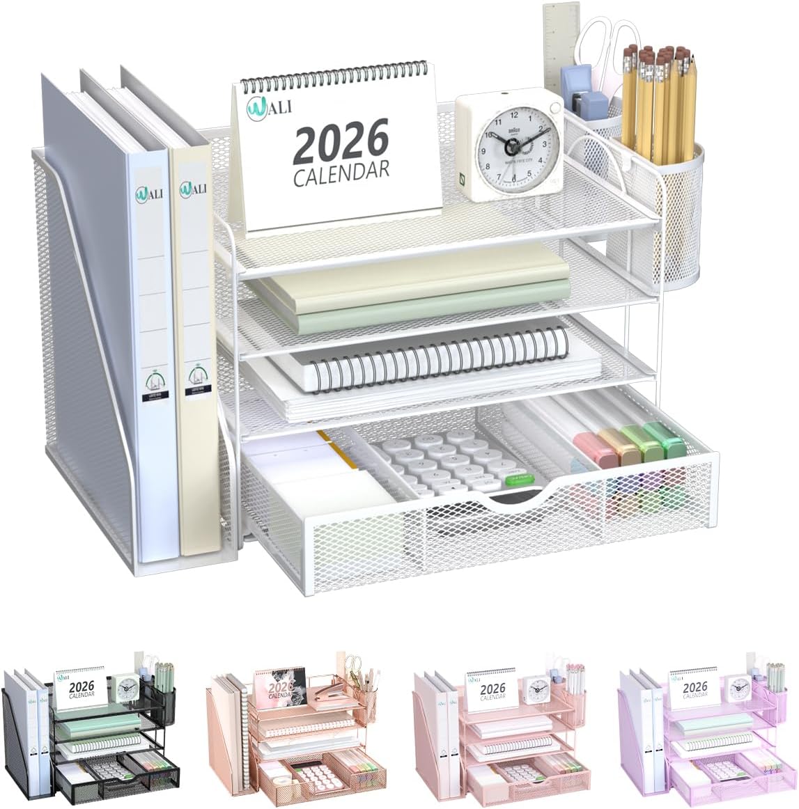 WALI Desk File Organizer, 4 Tier Desktop Paper Letter Tray Organizer with Drawer and 2 Pen Holders, Office Desk Accessories & Workspace Organizers for Office, Home Supplies(DO005DH-W), 1 Pack, White