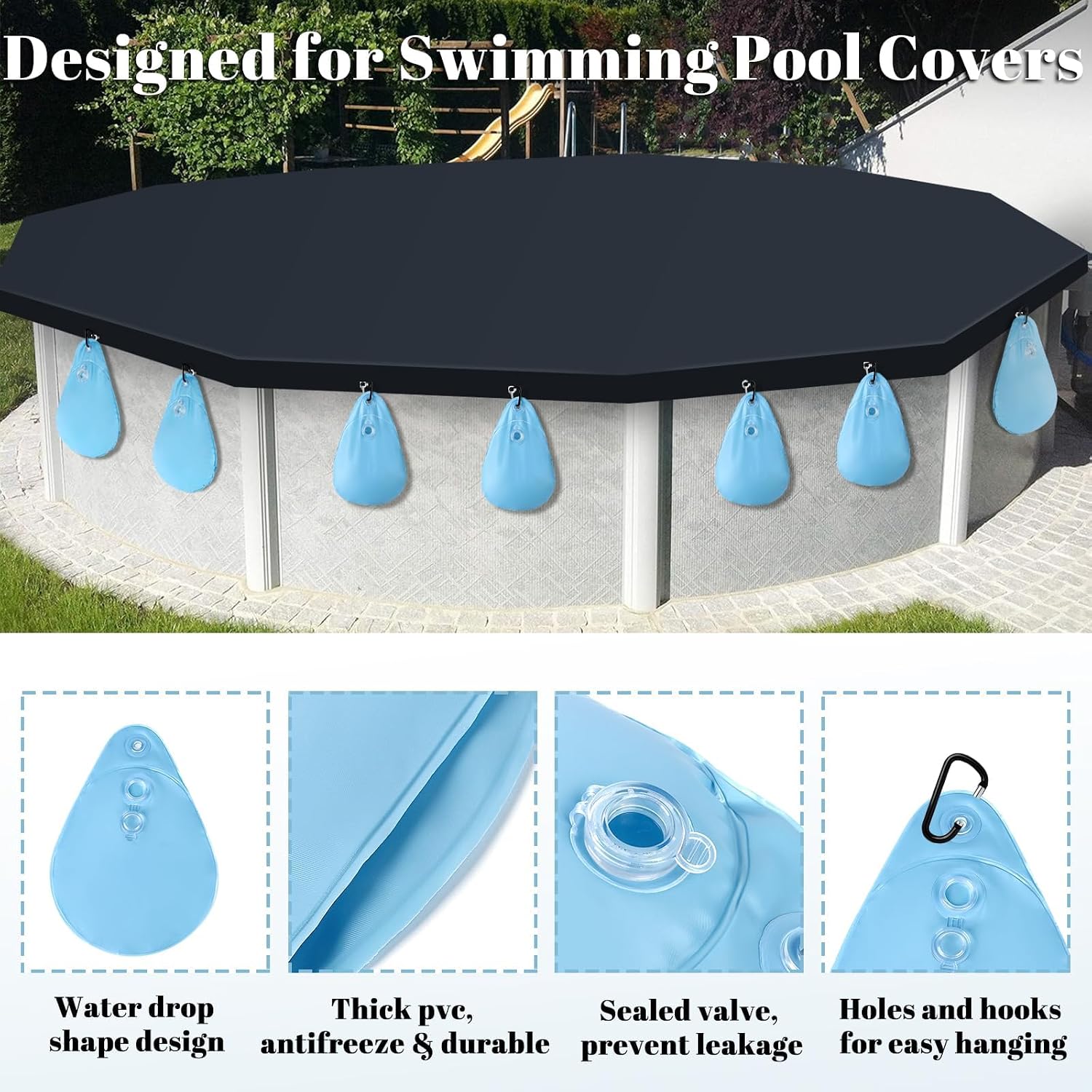 UQM 8 Pack Large Pool Cover Weights with Hooks, Pool Cover Hanging Bag（L）