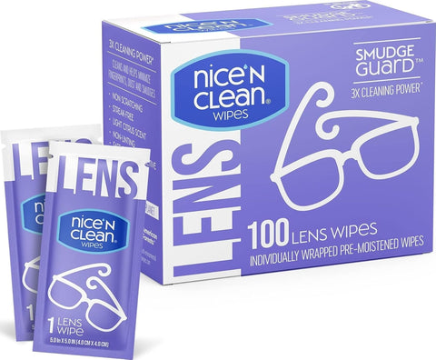Nice 'n Clean SmudgeGuard Lens Cleaning Wipes (100 Total Wipes) | Pre-Moistened Individually Wrapped Wipes | Non-Scratching & Non-Streaking | Safe for Eyeglasses, Goggles, & Camera Lens