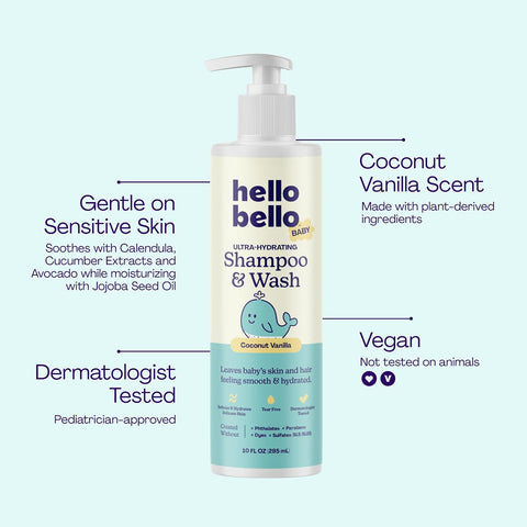 Hello Bello Baby Shampoo & Body Wash, Gentle Coconut Vanilla Scent, 10oz