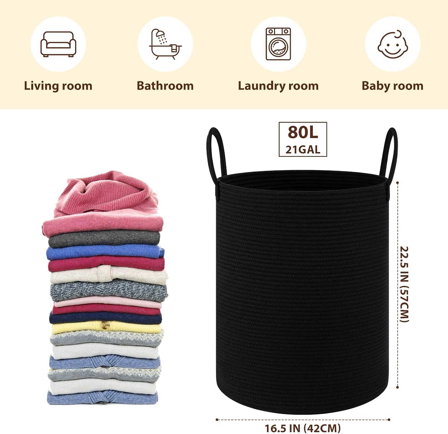 OIAHOMY 80L Nursery Hamper Laundry Basket Laundry Hamper Black