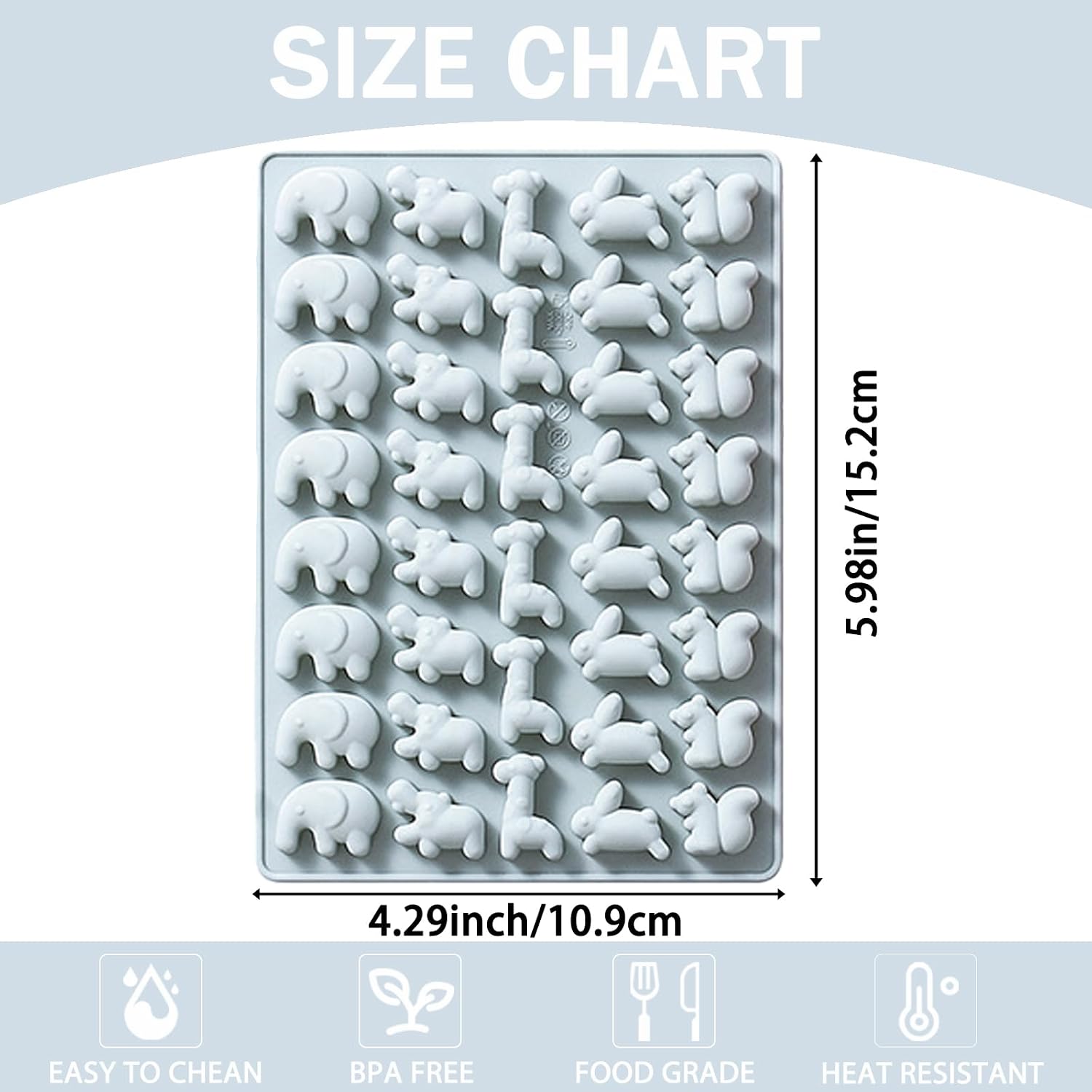 2PCS 38-Cavity Silicone Mini Animal Theme Molds with Giraffe Elephant Hippo Squirrel Rabbit for Candy Chocolate Jello Cake Decoration