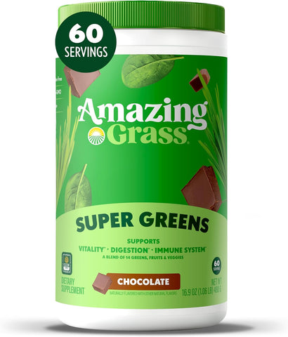 Amazing Grass Super Greens Powder Chocolate, 60 Servings, 16.9 oz | Organic Greens Superfood Powder with Spirulina, Beet Root, Probiotics & Digestive Enzymes to Support Digestion