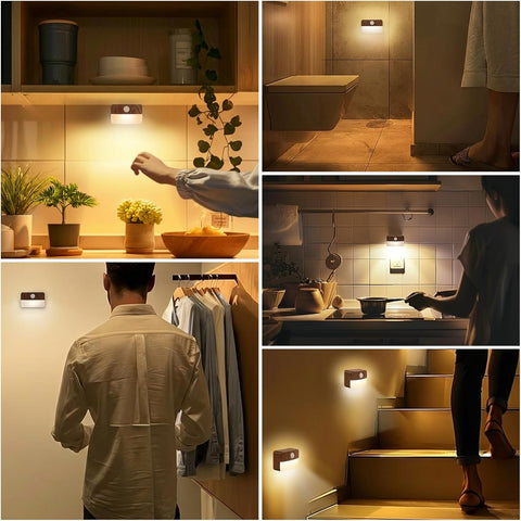 Guankai 16 Pack Motion Sensor Stair Light for Indoor, Battery Operated Closet Lights, Wireless Stick on Anywhere Hallway Lamp, Portable Led Night Lamps for Bedroom Under Cabinet Kitchen, Wood Grain