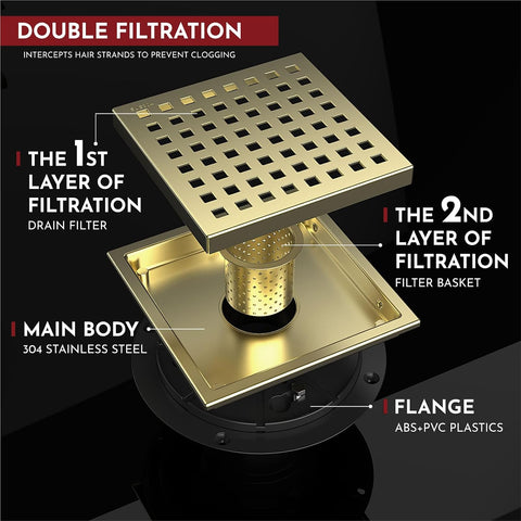 WEBANG 6 Inch Square Shower Floor Drain with Flange,Quadrato Pattern Grate Removable,Food-Grade SUS 304 Stainless Steel,Watermark&CUPC Certified, Brushed Gold