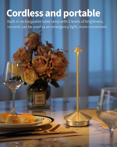 Modern Cordless Table Lamp Set of 2, Gold Portable LED Desk Lamps