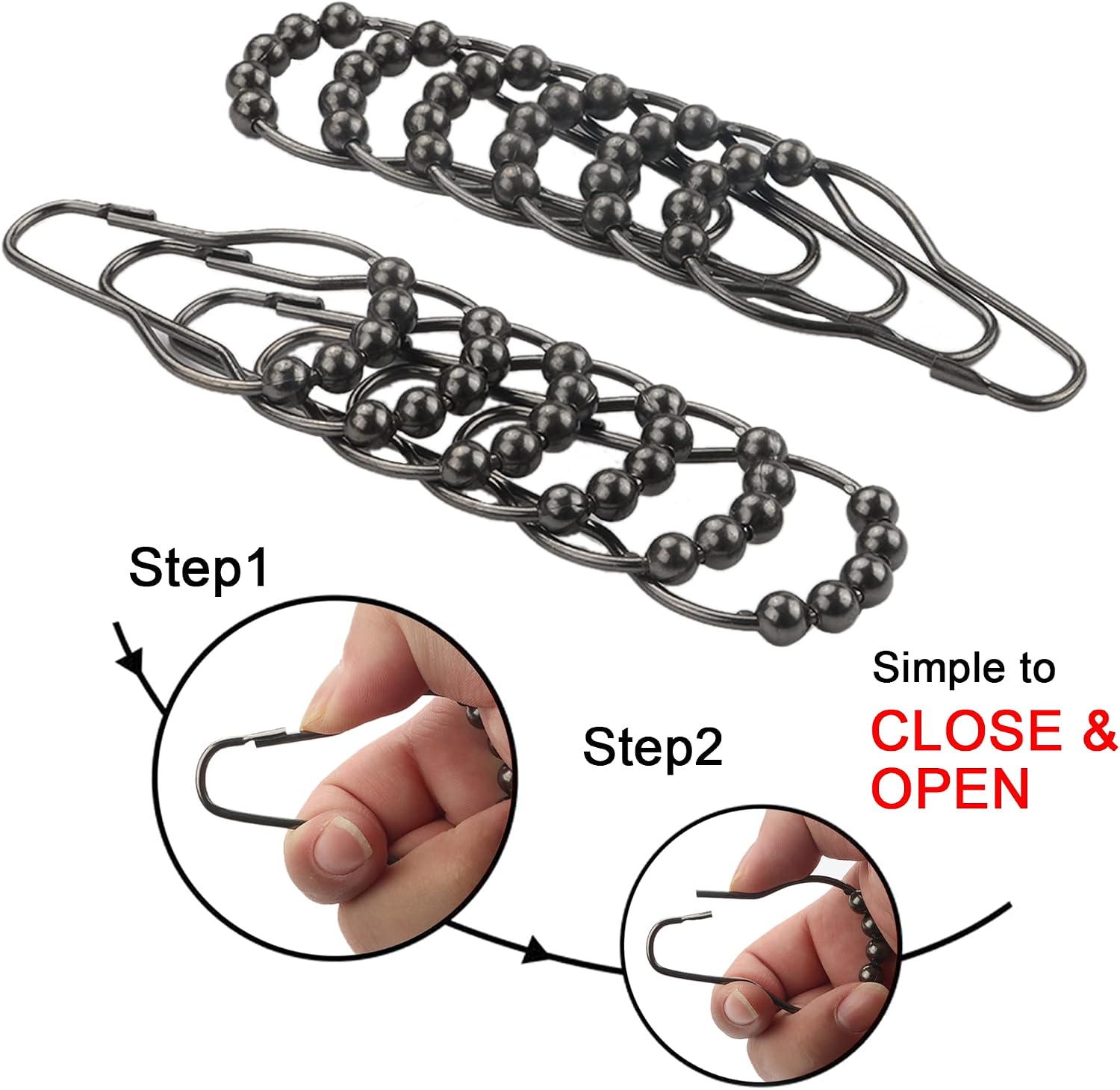 Shower Curtain Hooks Rings, Rustproof Metal Shower Curtain Rings for Bathroom Shower Rods Curtains - Set of 12, Black Nickel