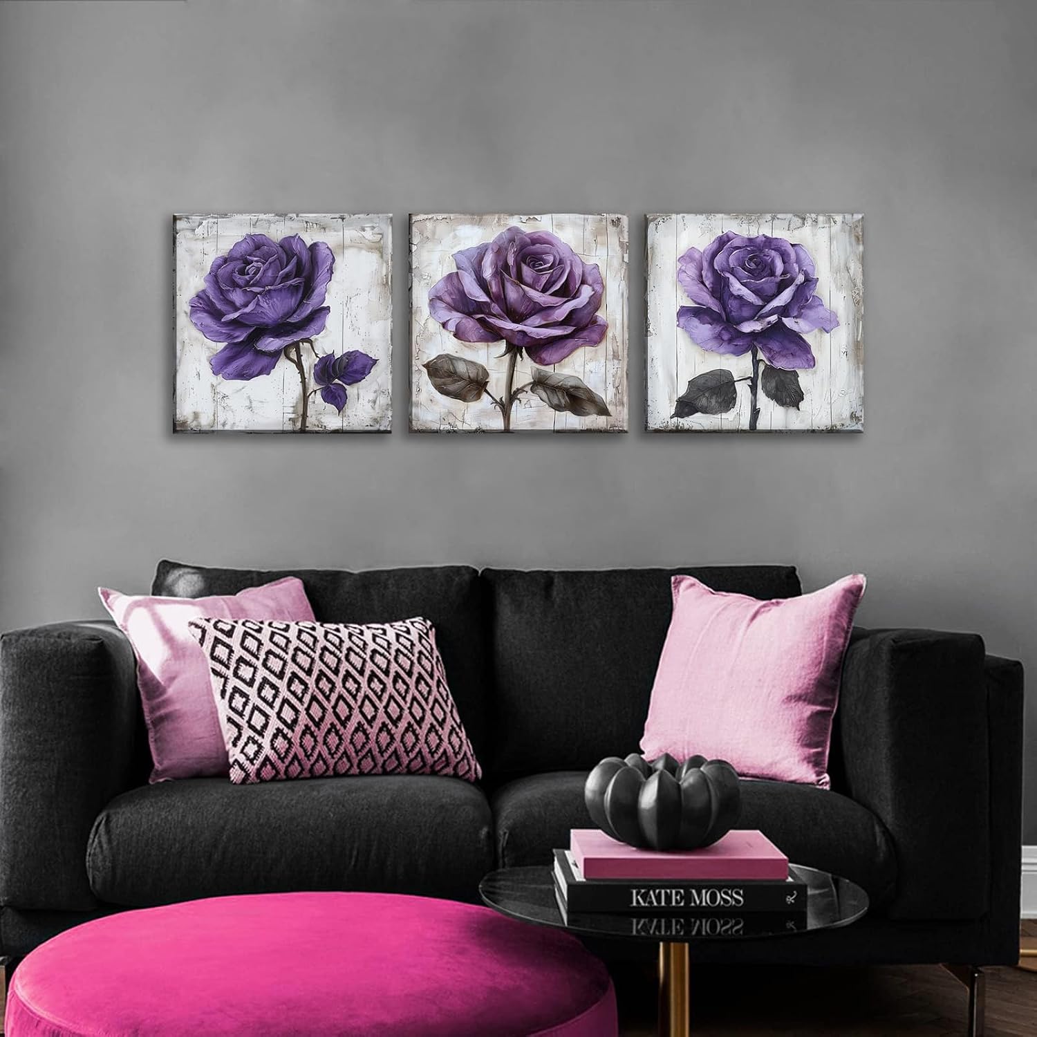 NAN Wind 3Pcs Purple Rose Canvas Prints Wall Art Botanical Floral Art Modern Flower Artwork Ready to Hang Textured Wall Art Print Decorative Wall Hanging for Living Room Bedroom Kitchen