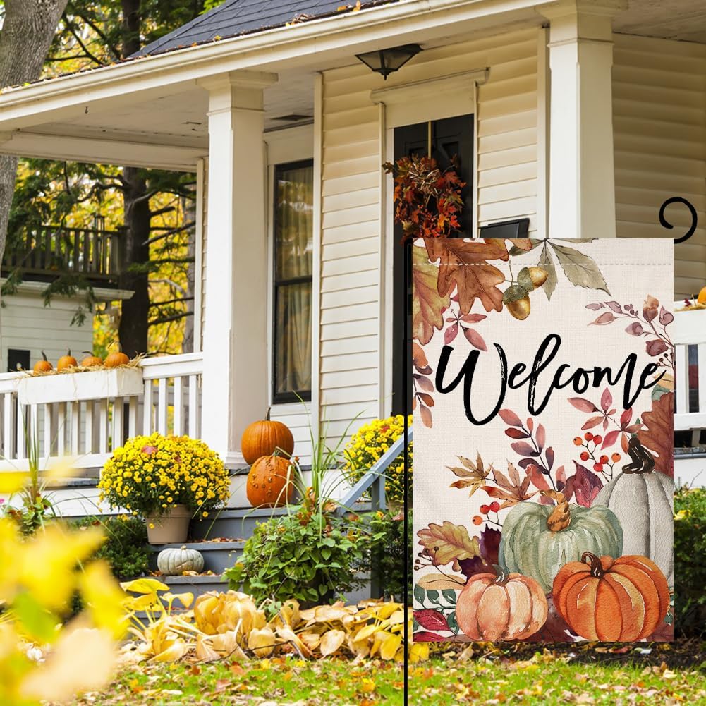 Fall Pumpkin Leaves Garden Flag 12x18 Vertical Double Sided Welcome Autumn Thanksgiving Holiday Outside Decorations Burlap Yard Flag BW823