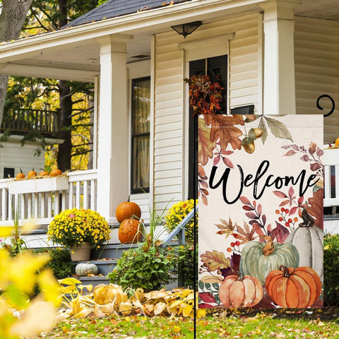 Fall Pumpkin Leaves Garden Flag 12x18 Vertical Double Sided Welcome Autumn Thanksgiving Holiday Outside Decorations Burlap Yard Flag BW823