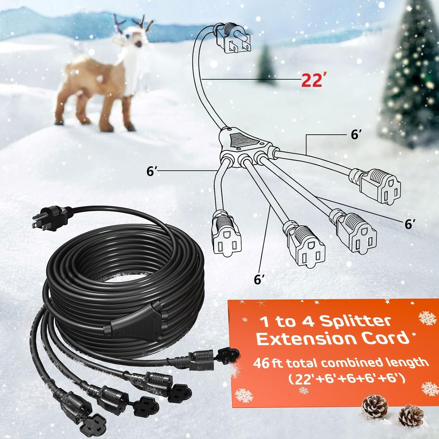 Eversimpleinc Black 1 to 4 Splitter Outdoor Extension Cord 28 FT 4 Outlets