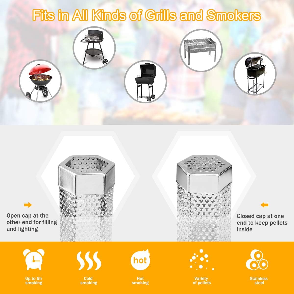 2 Pack 12'' Stainless Steel Pellet Smoker Tube, with Brush and Hooks