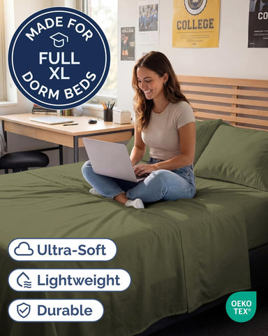 Full XL Sheets - 4 Piece Full XL Sheet Set - Cool & Breathable - Sage Green