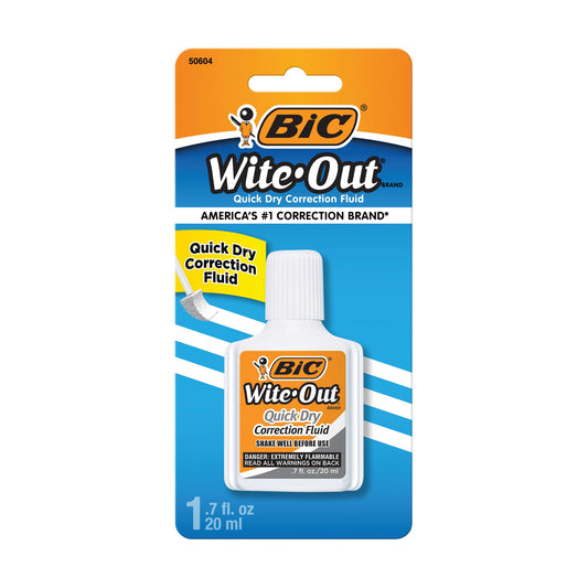 BIC Wite-Out Quick Dry Correction Fluid, 20mL, White, Goes on Easy with A Reduced Dry Time, 1-Count Pack