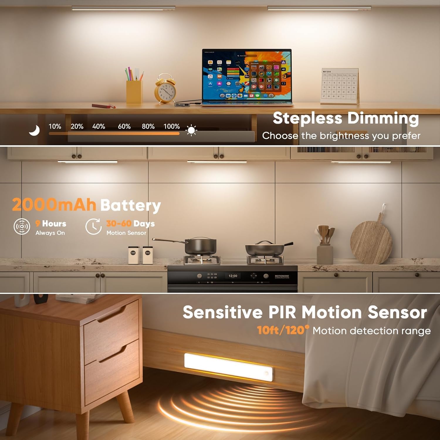 Under Cabinet Lighting, LED Motion Sensor Light Indoor, 2000mAh USB Rechargeable Closet Lights Battery Operated, Stick On Magnetic Wireless Dimmable Under Counter Lights for Kitchen(2 Pack)