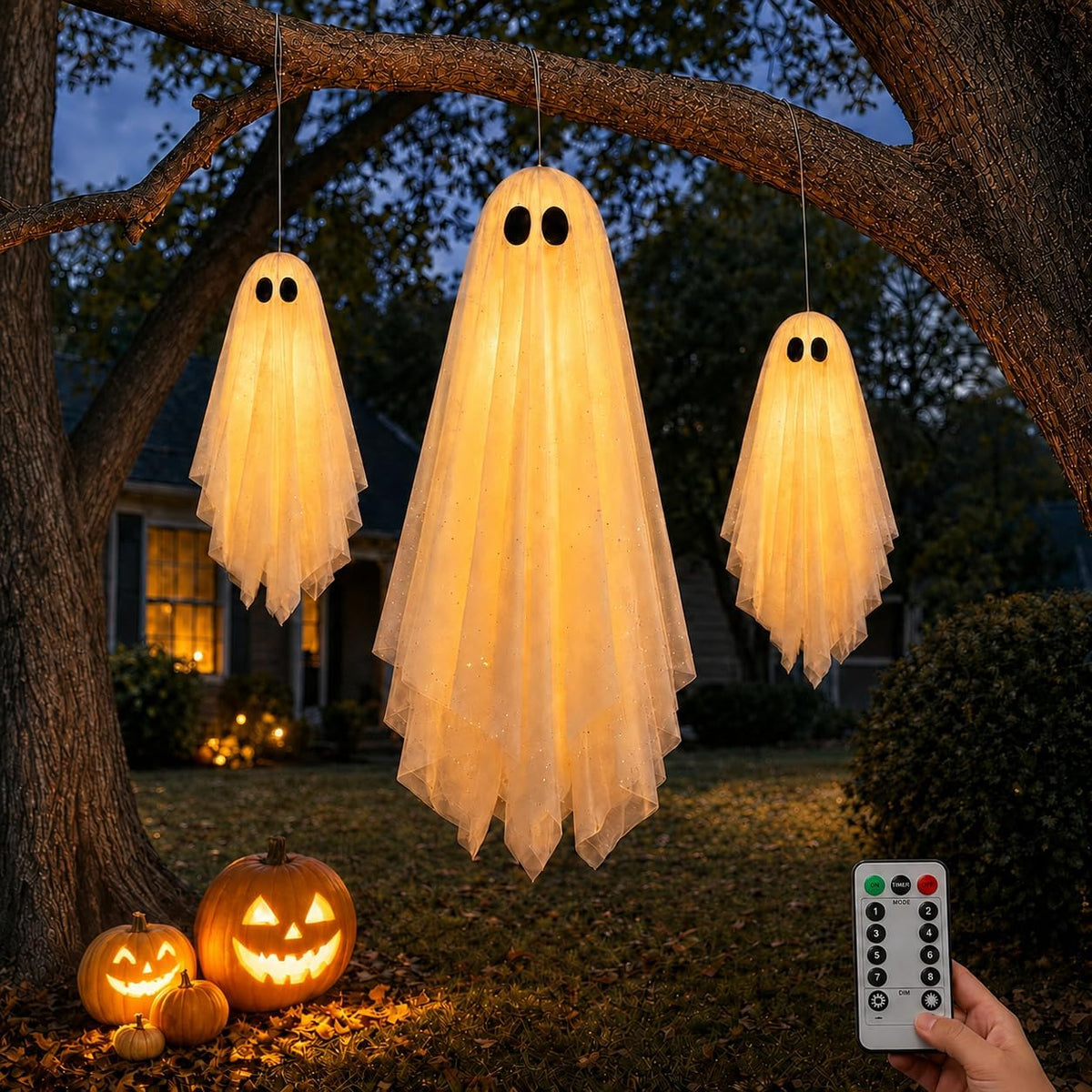 3 Pack Pre-Assembled Hanging Ghosts Halloween Decorations with Warm Glow,Ghost Decor with Remote Timer & Upgraded Double-Layer Sheet, Swinging Ghost for Indoor Outdoor Tree Porch Yard Garden Party