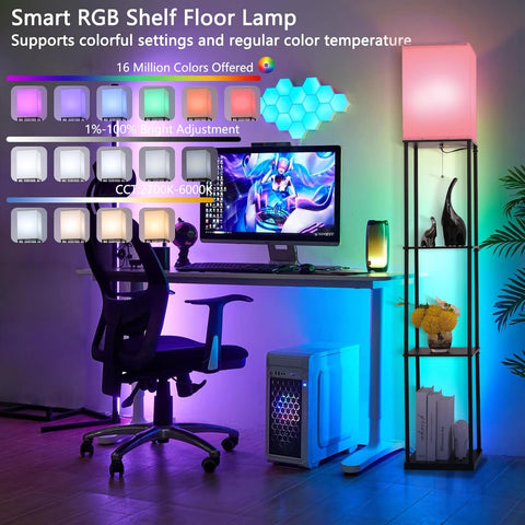 Gupuzm Floor Lamp with Shelves, with Modern Square Standing Lamp with Smart APP Control RGB Bulb, Corner Display Bookshelf Lamp for Living Room, Bedroom and Office (black-9RGB)