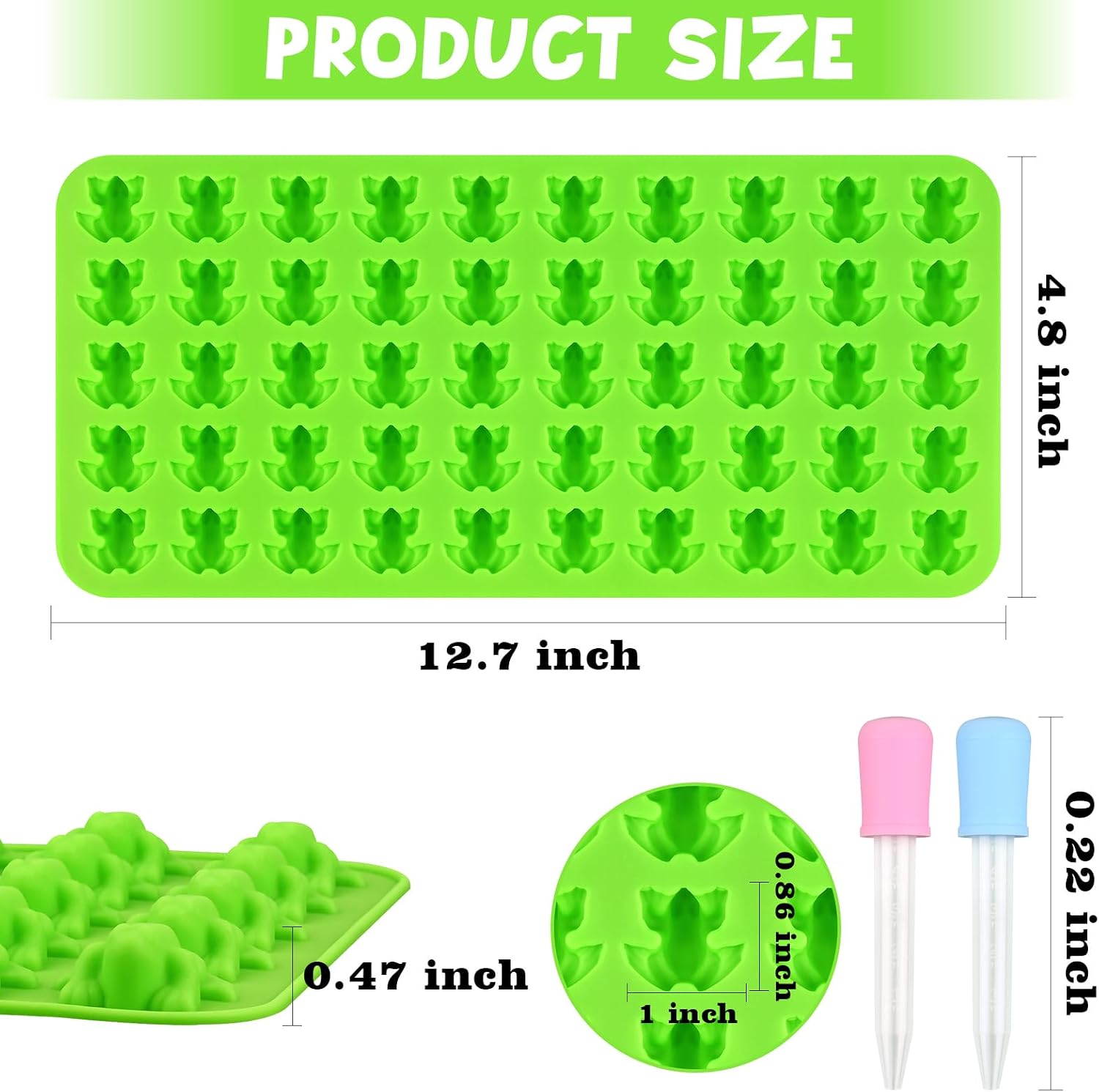 Sakolla Mini Frog Candy Molds, 100 Cavities Silicone Molds for Chocolate, Gummy, and Mints, Set of 2 with 2 Droppers (Green)