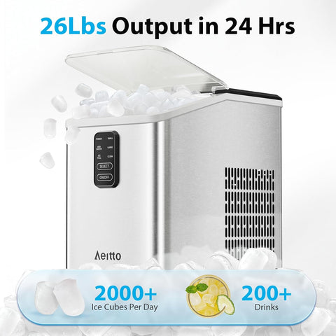 Ice Maker Countertop 26lbs/24H, Ice Machine Ready in 6 Mins 8 Ice Cubes, 2 Sizes of Bullet Ice Portable Ice Makers with Basket & Scoop, Auto Self-Cleaning for Home/Office/Kitchen Stainless