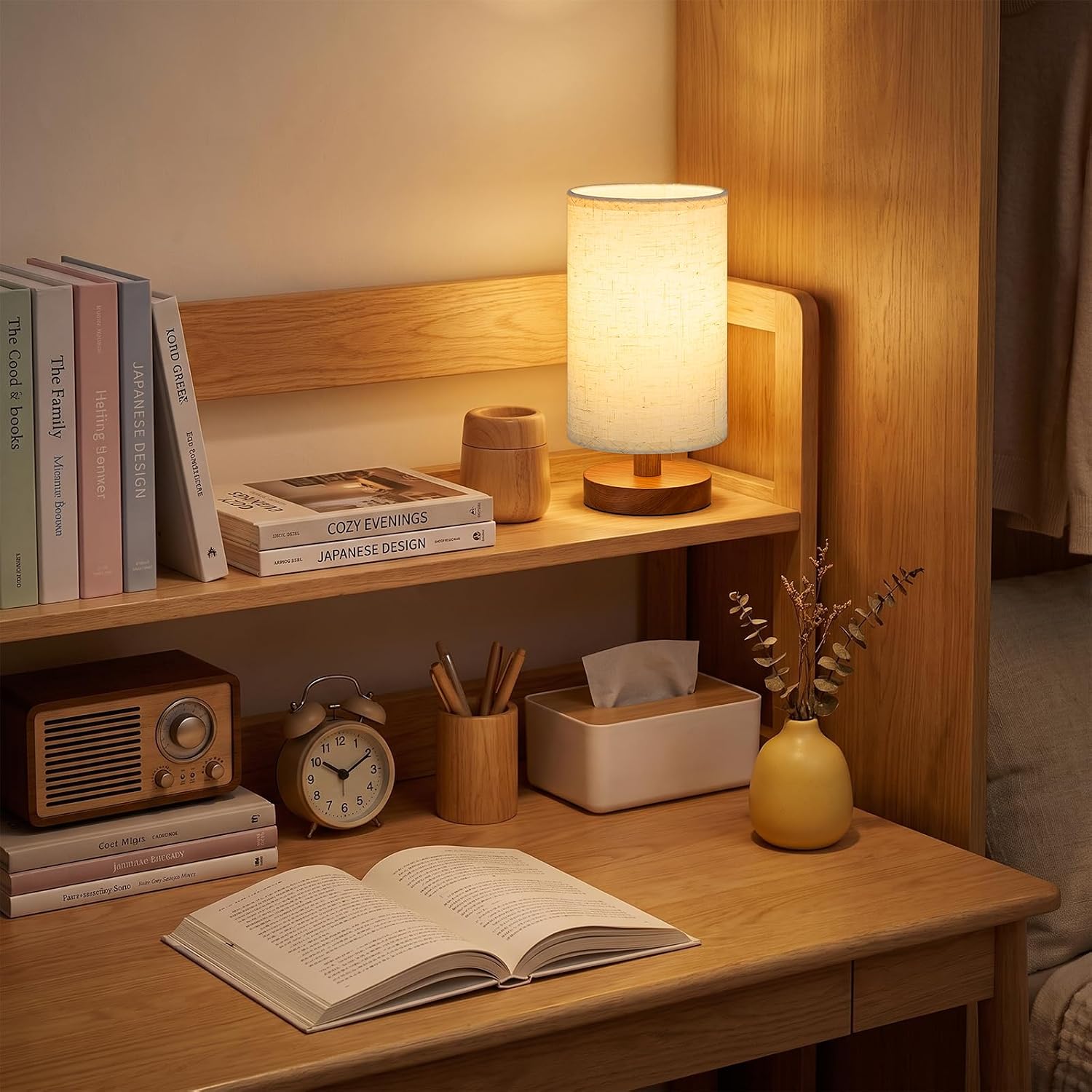 Fenmzee 8.5" Small Lamp for Bedroom - Light Beige Shade & Walnut Base