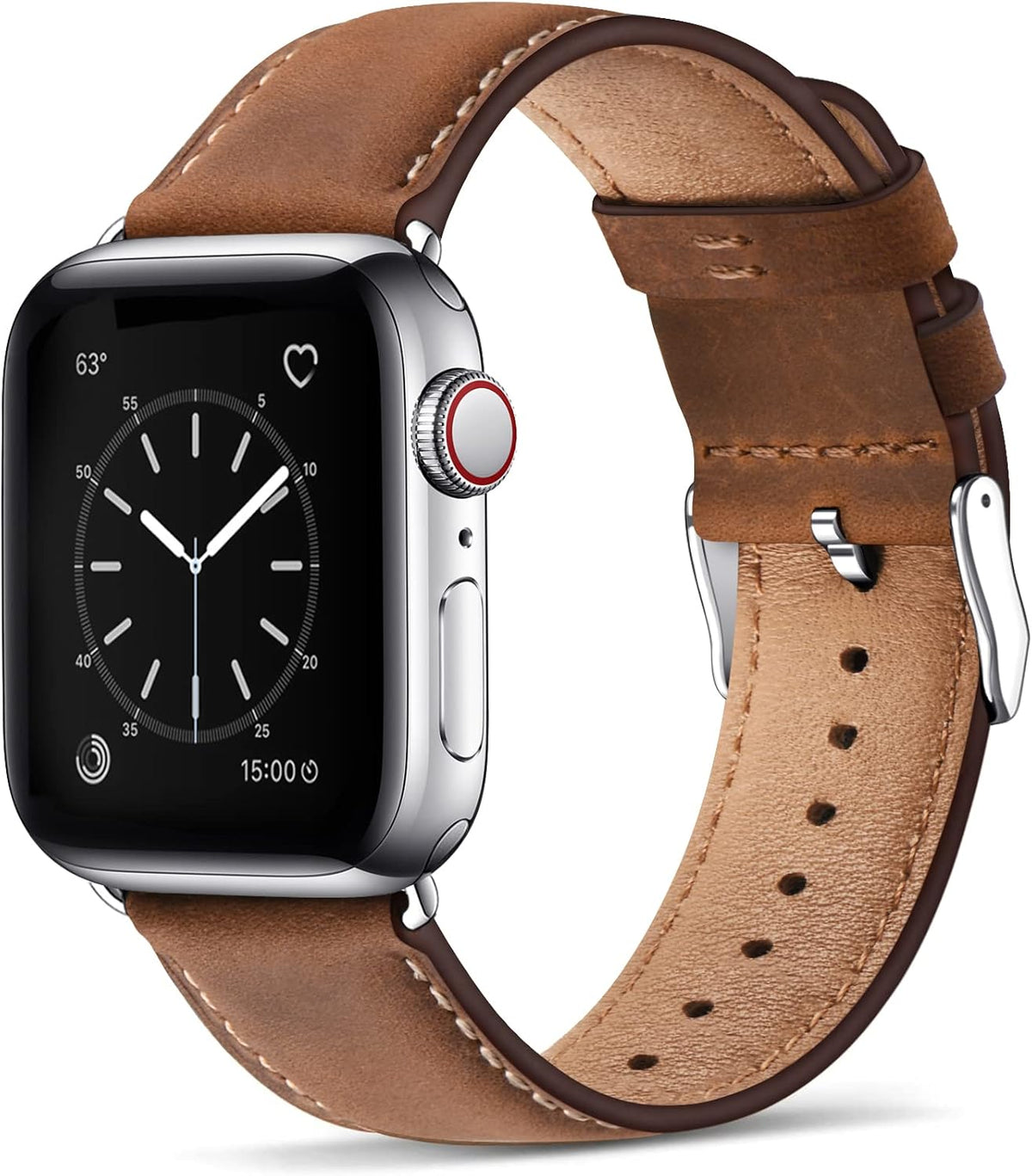 SUNFWR Leather Bands Compatible with Apple Watch Band 41mm 40mm 38mm for Men Women, Top Grain Genuine Leather Replacement Strap for iWatch Ultra SE2 SE Series 8 7 6 5 4 3 2 1 (Red Brown/Silver)